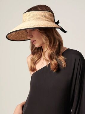 Helen Kaminski Mai Natural Straw Visor with Black Trim
